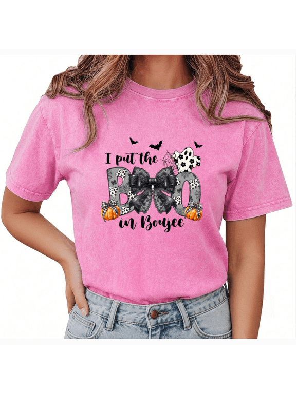 I Put the BOO in Boujee Vintage Acid Wash Print T-Shirt with Bow Pumpkin Halloween Graphic