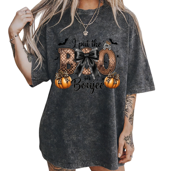 I Put the BOO in Boujee Vintage Washed Graphic Tee Halloween Bow Pumpkin Print