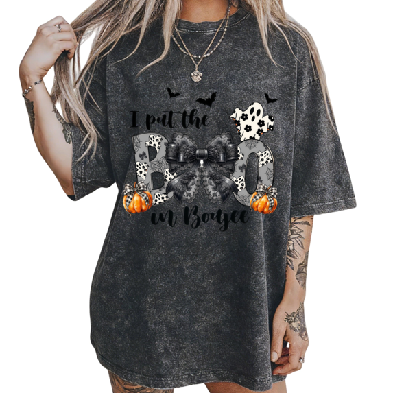 I Put the BOO in Boujee Vintage Washed Print T-Shirt Halloween Pumpkin Graphic