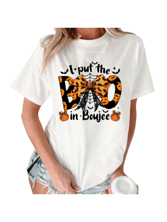 I Put the BOO in Boujee Web Pumpkin Casual Tee for Women Crew Neck Short Sleeve