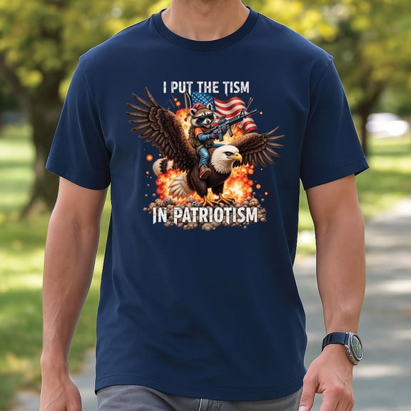 I Put the ’Tism’ in Patriotism Raccoon Shirt – Funny Autism Pride Tee, Patriotic USA Graphic T-Shirt for Awareness