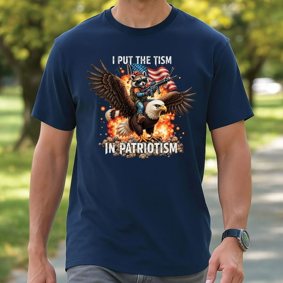 I Put the ’Tism’ in Patriotism Raccoon Shirt – Funny Autism Pride Tee, Patriotic USA Graphic T-Shirt for Awareness