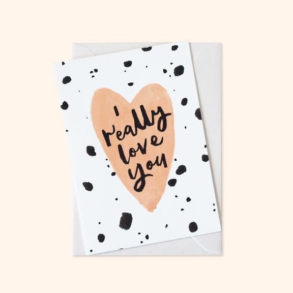 I Really Love You Card – Heart Design with Black Polka Dots – Blank Inside Greeting Card – Perfect for Romantic Occasions, Anniversaries, or Just Because