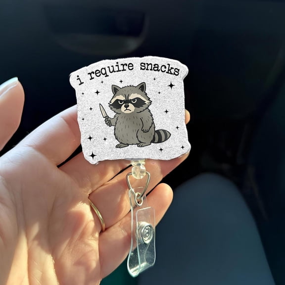 I Require Snacks Badge Reel  Funny Raccoon Meme ID Holder Nurse Teacher Coworker Gift Cute Angry Raccoon Badge Reel