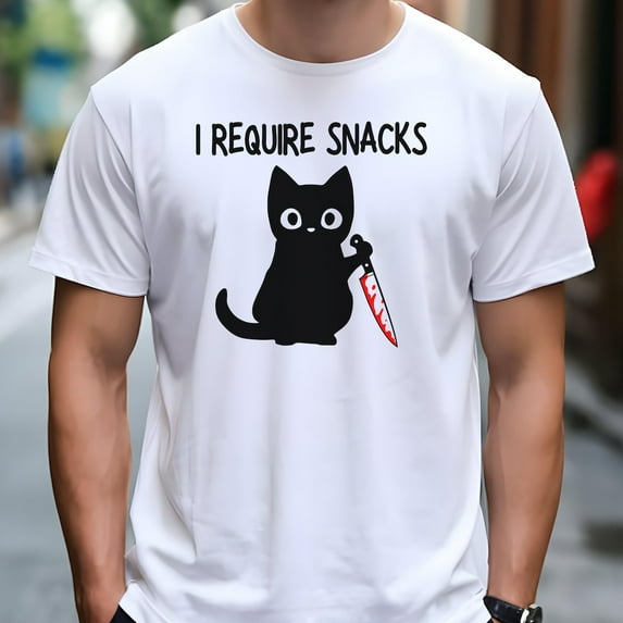 I Require Snacks Black Cat Shirt | Cute Black Cat with Knife | Humor Graphic Tee for Cat Lovers & Snack Fans