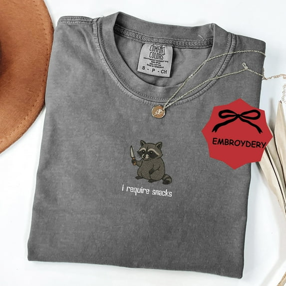 I Require Snacks Embroidered Raccoon Tee – Funny Comfort Colors® Shirt, Goblincore Animal Lover Gift, Cozy Snack Gremlin Tee