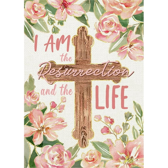 I Am The Resurrection and The Life Easter Decorative Garden Flag, Religious Cross Pink Rose Flower Yard Outside Decorations, Floral Spring Burlap Outdoor Small Home Decor Double Sided 12.5x18