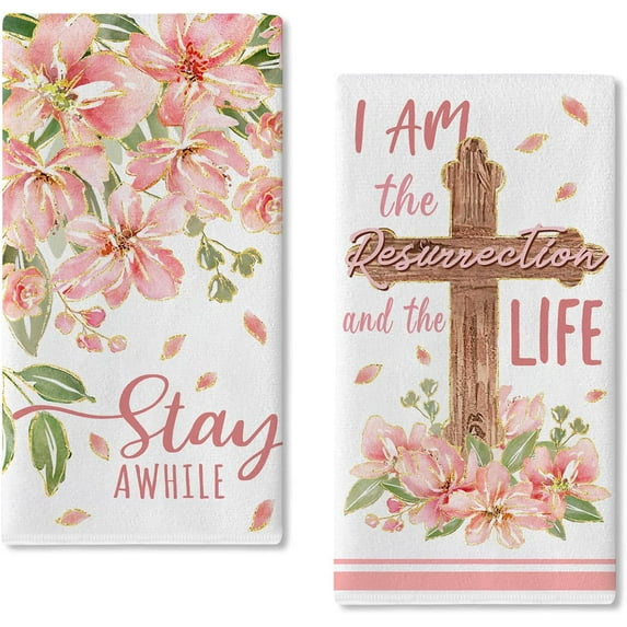 I Am The Resurrection and The Life Kitchen Dish Towels Set of 2, Religious Faith Cross Flower Easter Hand Towels Drying Baking Cooking Cloth, Christian Spring Summer Home Kitchen Decor 18x26