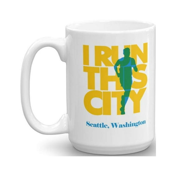 I Run Seattle City, Washington Coffee & Tea Gift Mug, Souvenirs, Accessories And Long Distance Marathon Running Themed Gifts For Men & Women Runners (15oz)
