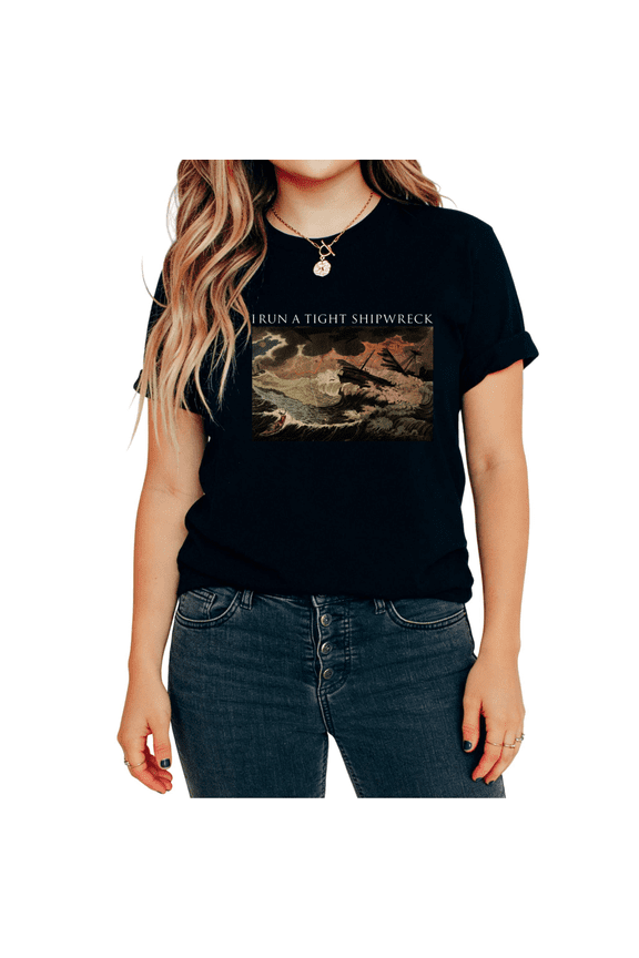 I Run a Tight Shipwreck Nautical Pirate Graphic Tees T-shirt Vintage Ocean Storm Tops Round Neck Black S-5XL
