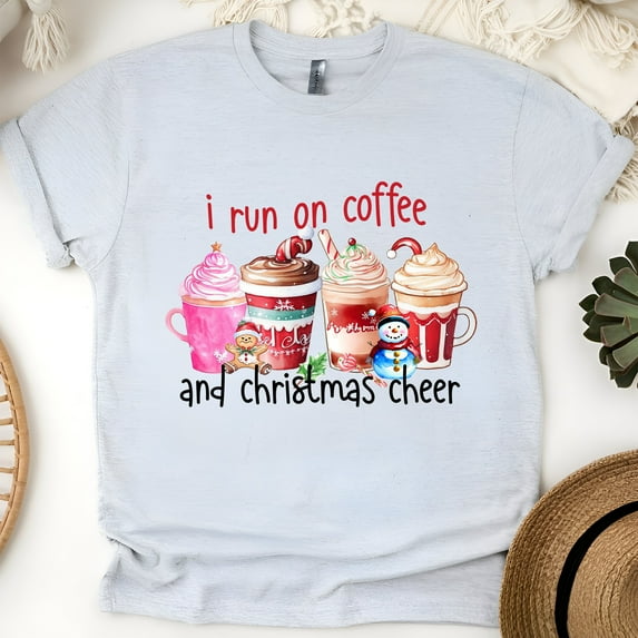 I Run on Coffee and Christmas Cheer T-Shirt | Festive Mug Graphic Tee, Ash, Size XL