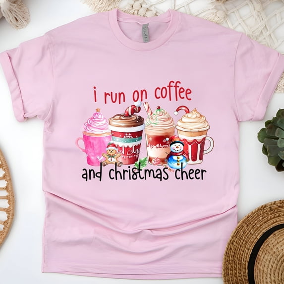 I Run on Coffee and Christmas Cheer T-Shirt | Festive Mug Graphic Tee, Light Pink, Size XL