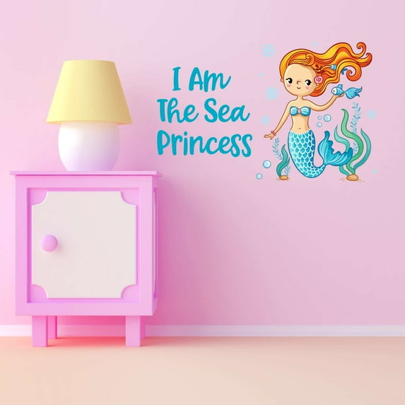 I Am The Sea Princess Mermaid Teal Colorful Fish Salt Water Creatures Seahorse Queen Sweet Dreams Bedtime Unicorn Lovely Dear Dream Holiday Gift Decorating Wall Decal Sticker - Size: 10 In X 6 In