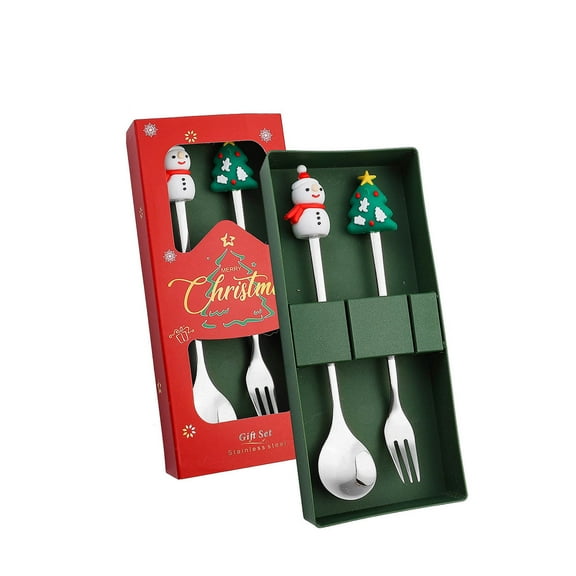 I Silver Spoon And Fork Two Pieces With Snowman And Small Tree Motifs For Christmas Dining Stainless Steel