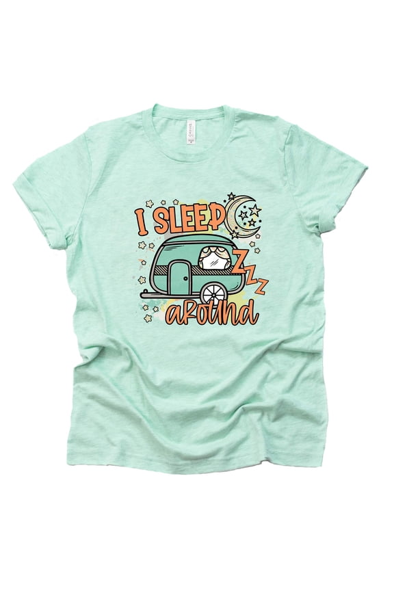 I Sleep Around Shirt, Camper Life Shirt, Camping RV Shirt, Women Summer Graphic Tees Tops Funny Unisex Short Sleeve (Mint, Small)