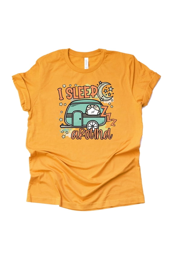 I Sleep Around Shirt, Camper Life Shirt, Camping RV Shirt, Women Summer Graphic Tees Tops Funny Unisex Short Sleeve (Yellow, Large)