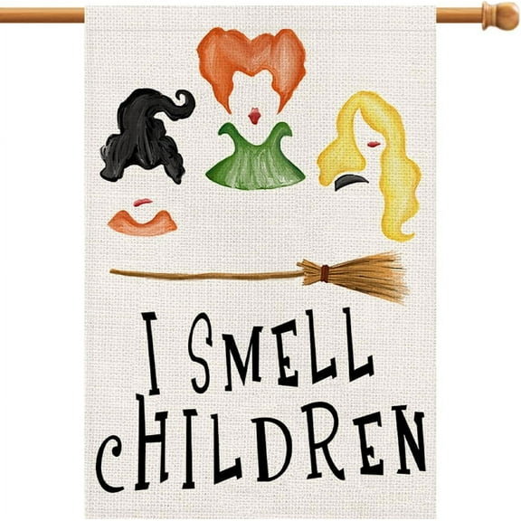 I Smell Children Halloween House Flag 28x40 Inch Large Burlap, Spooky Ghost Sanderson Sisters Broom Parking Witches Only Sign Seasonal Yard Outdoor Decorations DF360-28