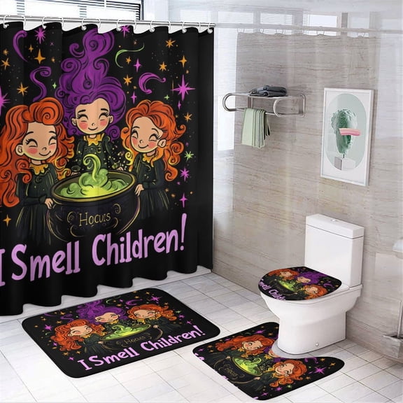 I Smell Children Halloween Witch Sister 4 Piece Bathroom Rug Set with Shower Curtain Halloween Hocus Pocus Waterproof Durable Bathroom Decor Shower for Bathroom Decor Set
