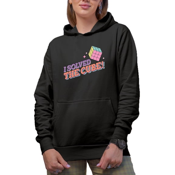 I Solved the Cube, 90s Retro Art or Smart Person Merch Gift, Black Hooded Sweatshirt or Hoodie, Large