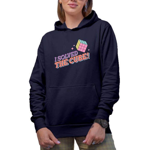 I Solved the Cube, 90s Retro Art or Smart Person Merch Gift, Navy Blue Hooded Sweatshirt or Hoodie, XL