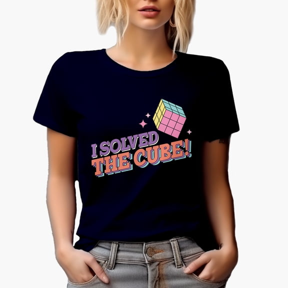 I Solved the Cube, 90s Retro Art or Smart Person Merch Gift, Navy Blue T-Shirt, Large