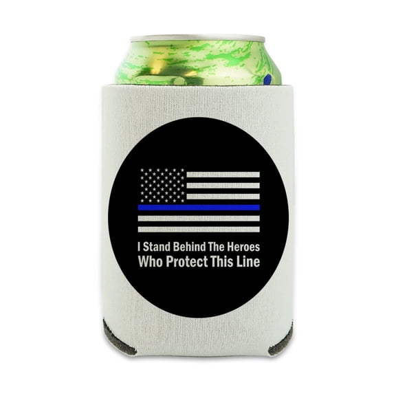 I Stand Behind the Heroes Who Protect This Line Thin Blue American Flag Can Cooler - Drink Sleeve Hugger Collapsible Insulator - Beverage Insulated Holder