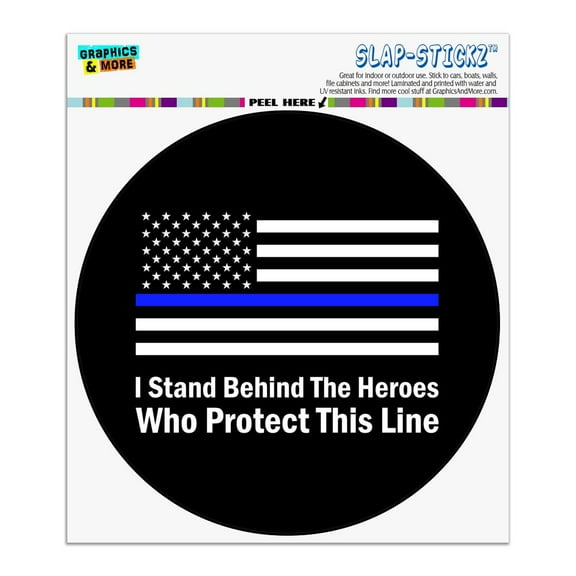 I Stand Behind the Heroes Who Protect This Line Thin Blue American Flag Automotive Car Window Locker Circle Bumper Sticker