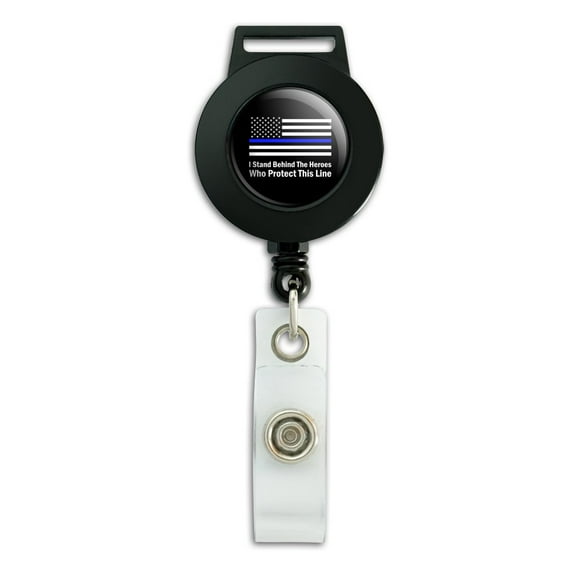 I Stand Behind the Heroes Who Protect This Line Thin Blue American Flag Lanyard Retractable Reel Badge ID Card Holder