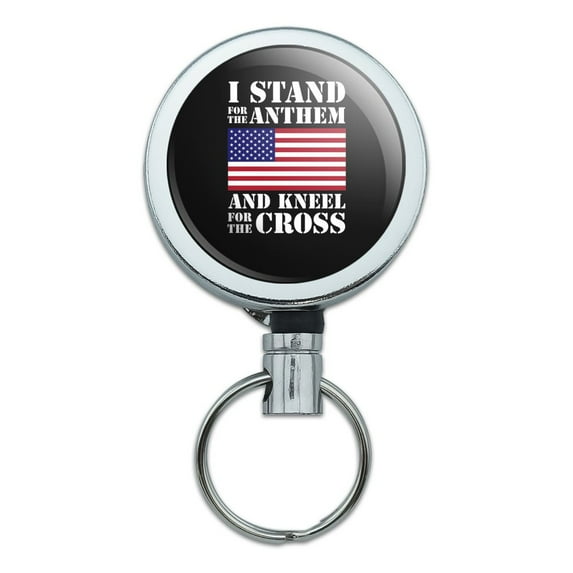 I Stand For The Flag Kneel Cross USA American Flag Patriotic Heavy Duty Metal Retractable Reel ID Badge Key Card Tag Holder with Belt Clip