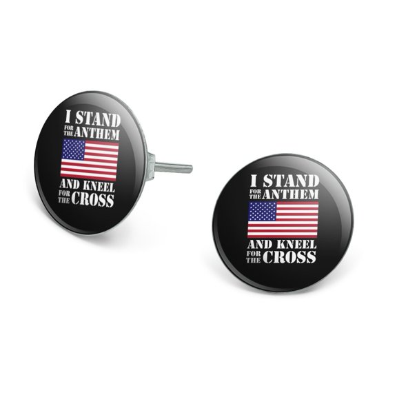I Stand For The Flag Kneel Cross USA American Flag Patriotic Novelty Silver Plated Stud Earrings