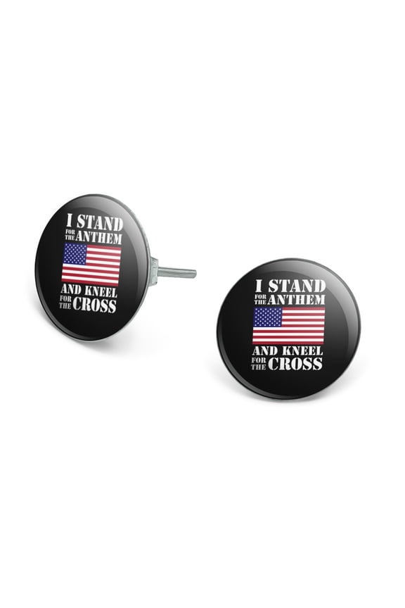 I Stand For The Flag Kneel Cross USA American Flag Patriotic Novelty Silver Plated Stud Earrings
