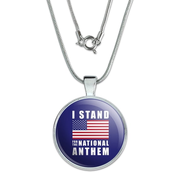 I Stand For The National Anthem American Flag USA 1" Pendant with Sterling Silver Plated Chain