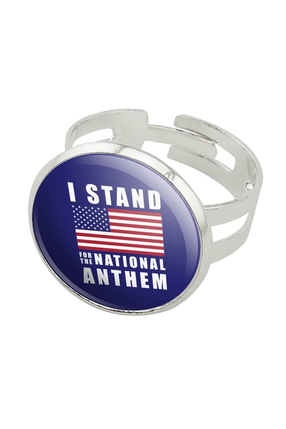 I Stand For The National Anthem American Flag USA Silver Plated Adjustable Novelty Ring
