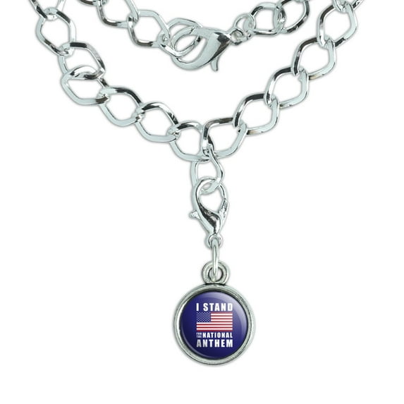 I Stand For The National Anthem American Flag USA Silver Plated Bracelet with Antiqued Charm