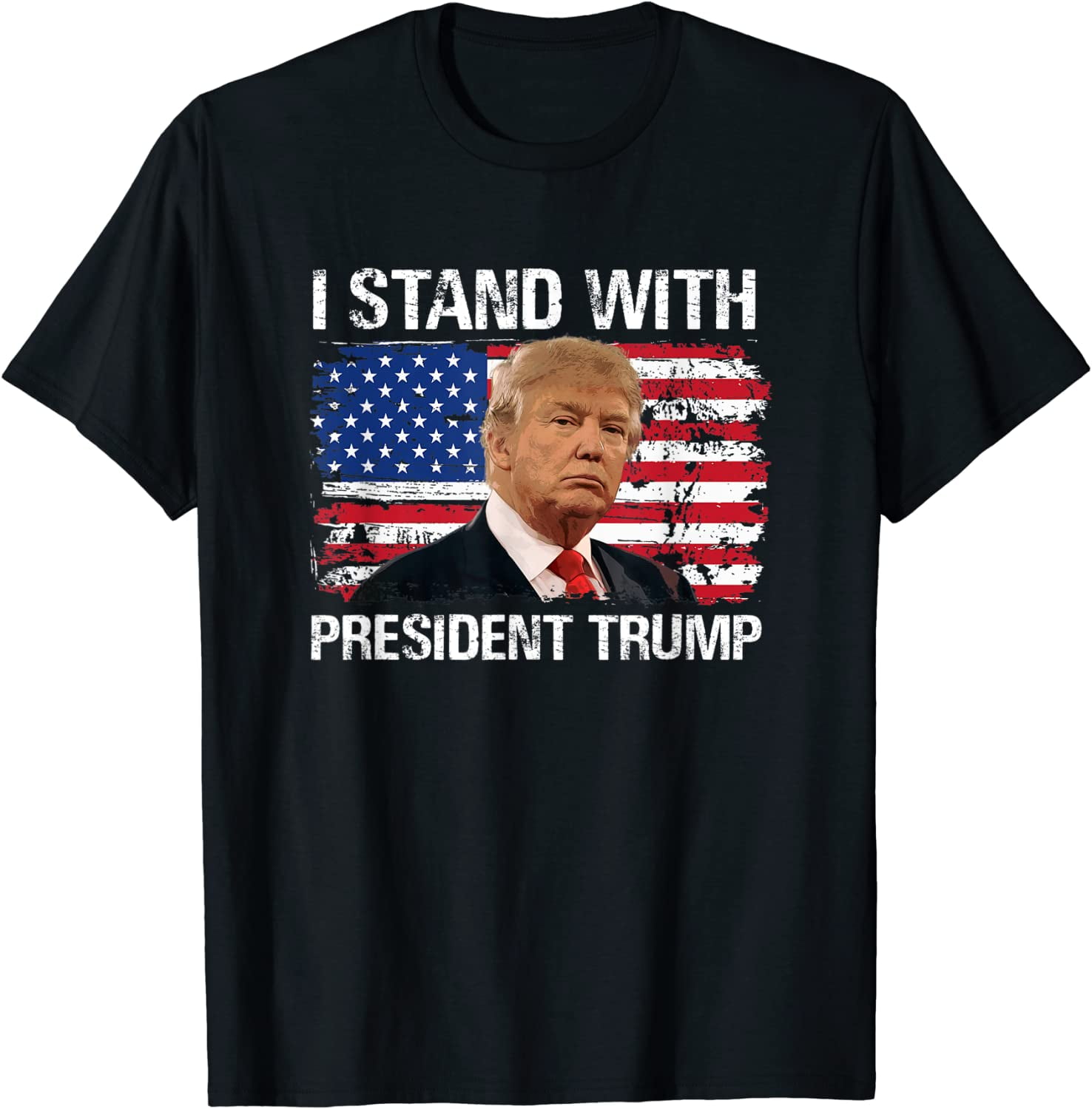 Trump 2024 'He Will Be Back' Women's Distressed American Flag T-Shirt - Dark Grey, Size Large
