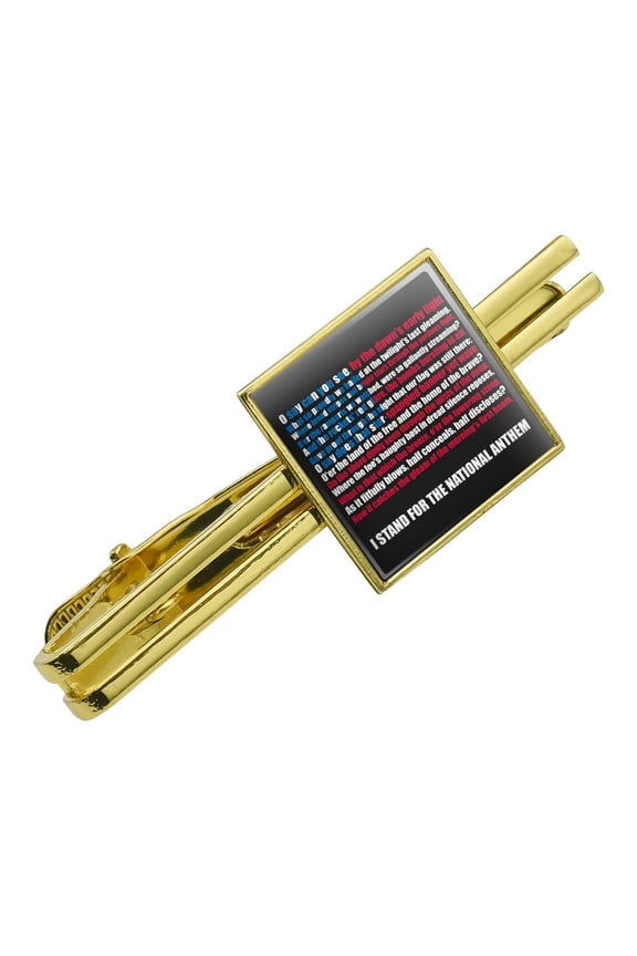 I Stand USA National Anthem Star-Spangled Banner American Flag Patriotic Square Tie Bar Clip Clasp Tack- Silver or Gold