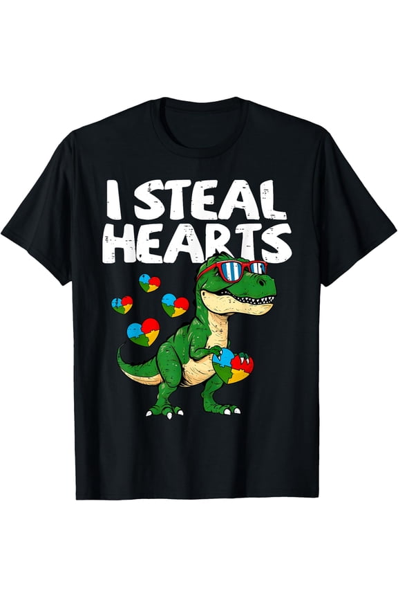 I Steal Hearts T-Rex Puzzle Autism Awareness Dinosaur Boys T-Shirt All Size S-5XL