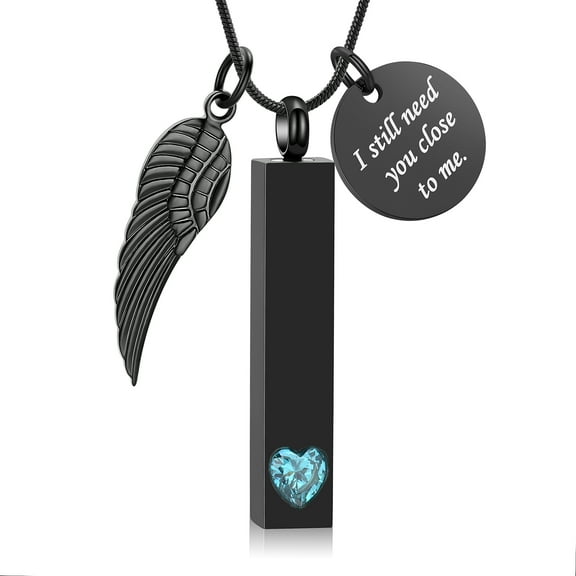 I Still Need You Close to Me - Crystal Heart Stainless Steel Angel Wing Long Bar Urn Pendant Memorial Jewelry Necklace for Cremation Ashes Keepsake