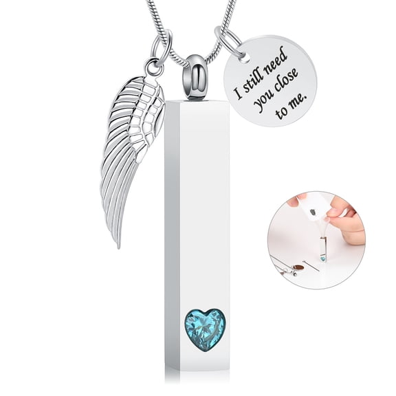 I Still Need You Close to Me - Crystal Heart Stainless Steel Angel Wing Long Bar Urn Pendant Memorial Jewelry Necklace for Cremation Ashes Keepsake
