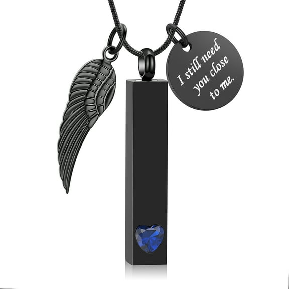 I Still Need You Close to Me - Crystal Heart Stainless Steel Angel Wing Long Bar Urn Pendant Memorial Jewelry Necklace for Cremation Ashes Keepsake