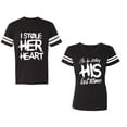 thumbnail image 1 of I Stole Her Heart So I am Stealing His Last Name Unisex Couple Matching Cotton Jersey style T-Shirt Contrasting stripes on sleeves (Men Black / Women Black) (Men XXL / Women XL), 1 of 3