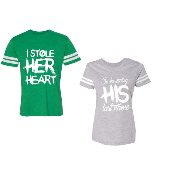 I Stole Her Heart So I am Stealing His Last Name Unisex Couple Matching Cotton Jersey style T-Shirt Contrasting stripes on sleeves (Men Green / Women Heather) (Men S / Women S)