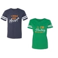 thumbnail image 1 of I Stole Her Heart So I am Stealing His Last name Unisex Couple Matching Cotton Jersey style T-Shirt Contrasting stripes on sleeves (Men Navy / Women Green) (Men S / Women M), 1 of 3