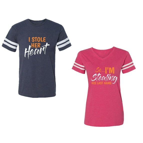 I Stole Her Heart So I am Stealing His Last name Unisex Couple Matching Cotton Jersey style T-Shirt Contrasting stripes on sleeves (Men Navy / Women Pink) (Men XL / Women M)