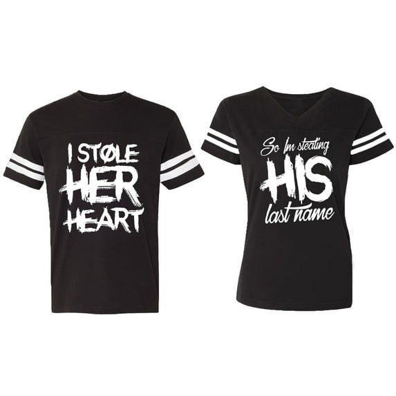 I Stole Her Heart So I am Stealing His Last Name Matching Couple Cotton Jerseys (Men Black / Women Black) (Men XXL / Women M)