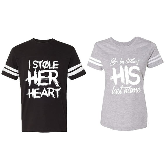 I Stole Her Heart So I am Stealing His Last Name Matching Couple Cotton Jerseys (Men Black / Women Heather) (Men M / Women S)