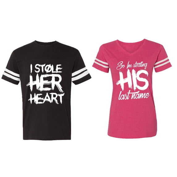 I Stole Her Heart So I am Stealing His Last Name Matching Couple Cotton Jerseys (Men Black / Women Pink) (Men L / Women XXL)