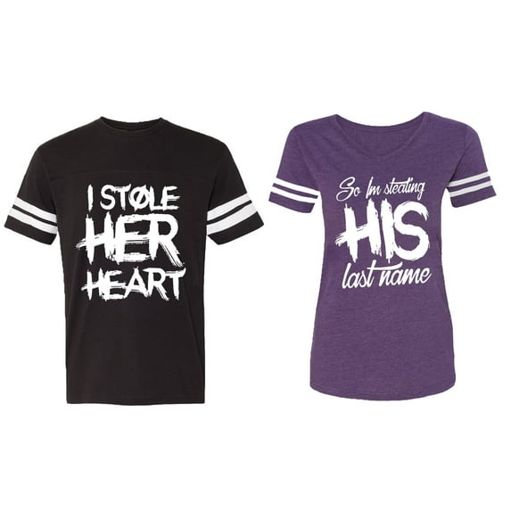 I Stole Her Heart So I am Stealing His Last Name Matching Couple Cotton Jerseys (Men Black / Women Purple) (Men M / Women XXL)