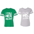 thumbnail image 1 of I Stole Her Heart So I am Stealing His Last Name Matching Couple Cotton Jerseys (Men Green / Women Heather) (Men XL / Women M), 1 of 3