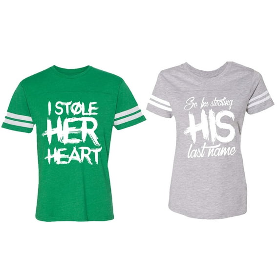 I Stole Her Heart So I am Stealing His Last Name Matching Couple Cotton Jerseys (Men Green / Women Heather) (Men XL / Women M)